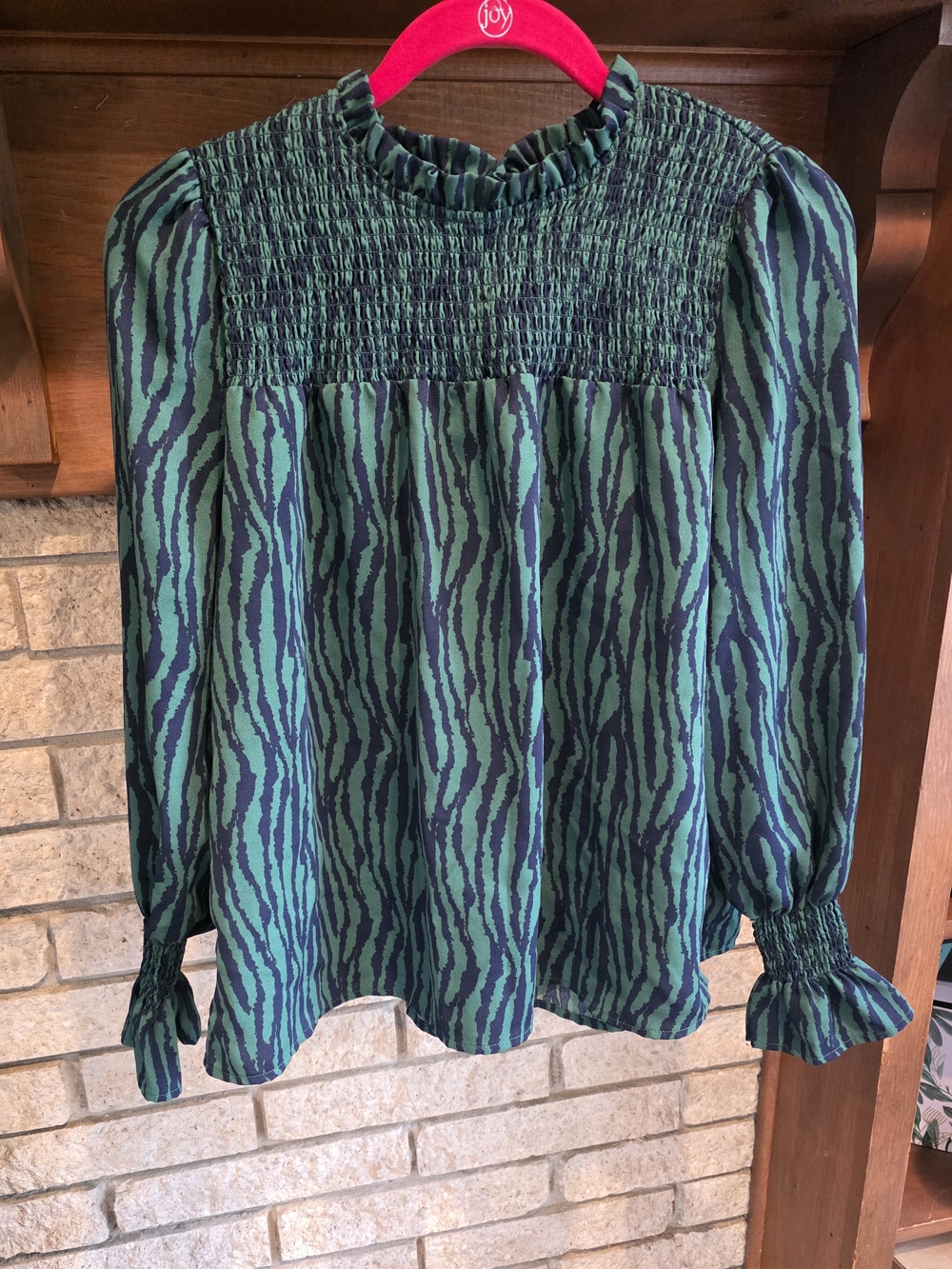 THML Green Zebra Print Smocked Yoke Long-Sleeve Blouse - Picture 2 of 6